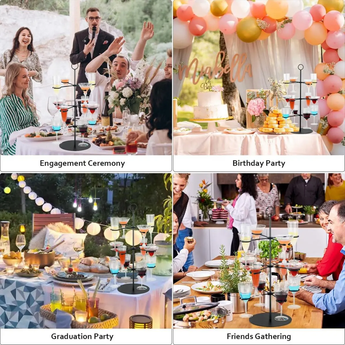 Champagne Tower, Metal Drink Tower for Parties Champagne Glass Holder, 3 Tiers - 12 Brackets, Cocktail Tree Stand Black-A55K