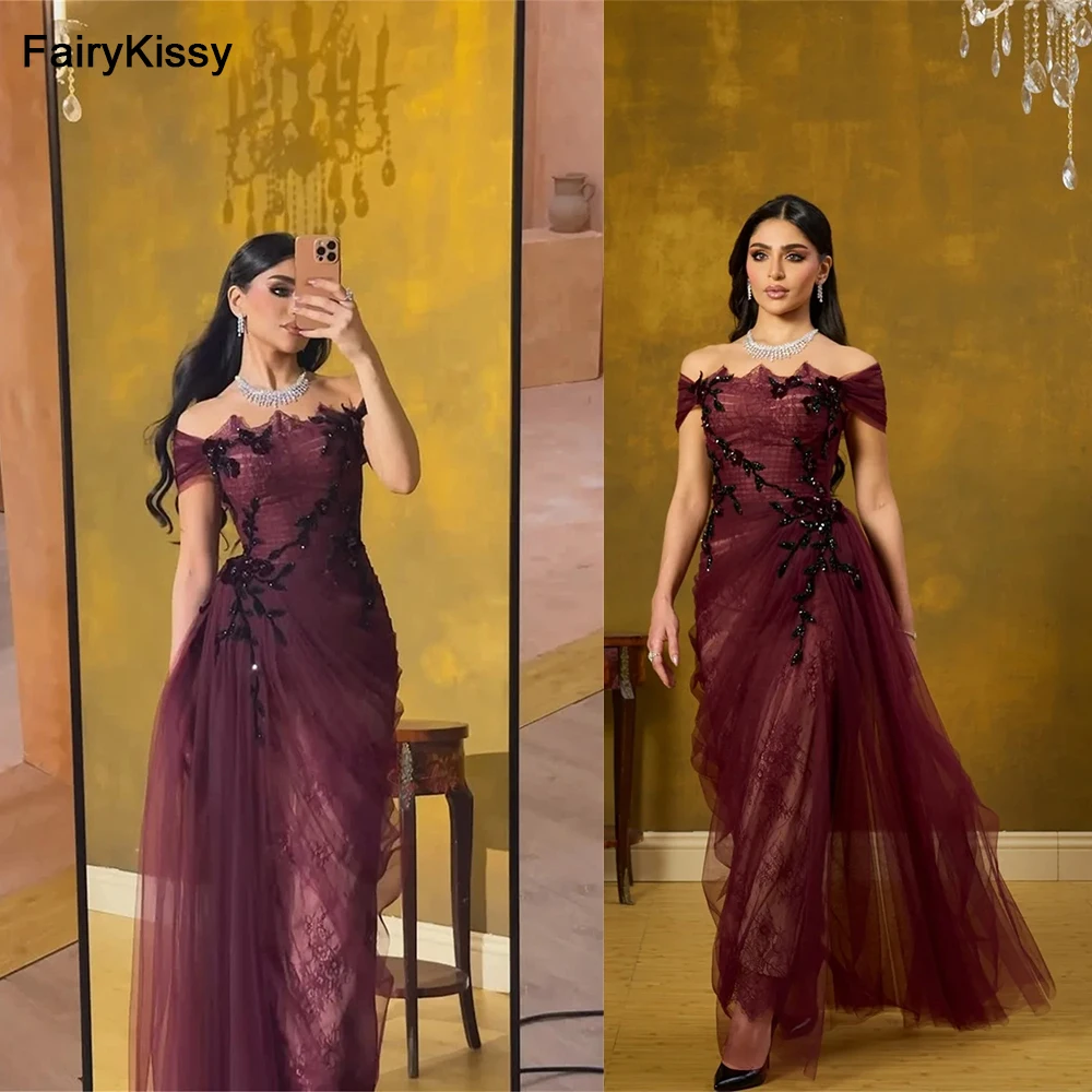 

FairyKissy Burgundy Lace Mermaid Evening Dresses Elegant Off Shoulder Floor-Length Prom Dresses Formal Occasion Party Gowns