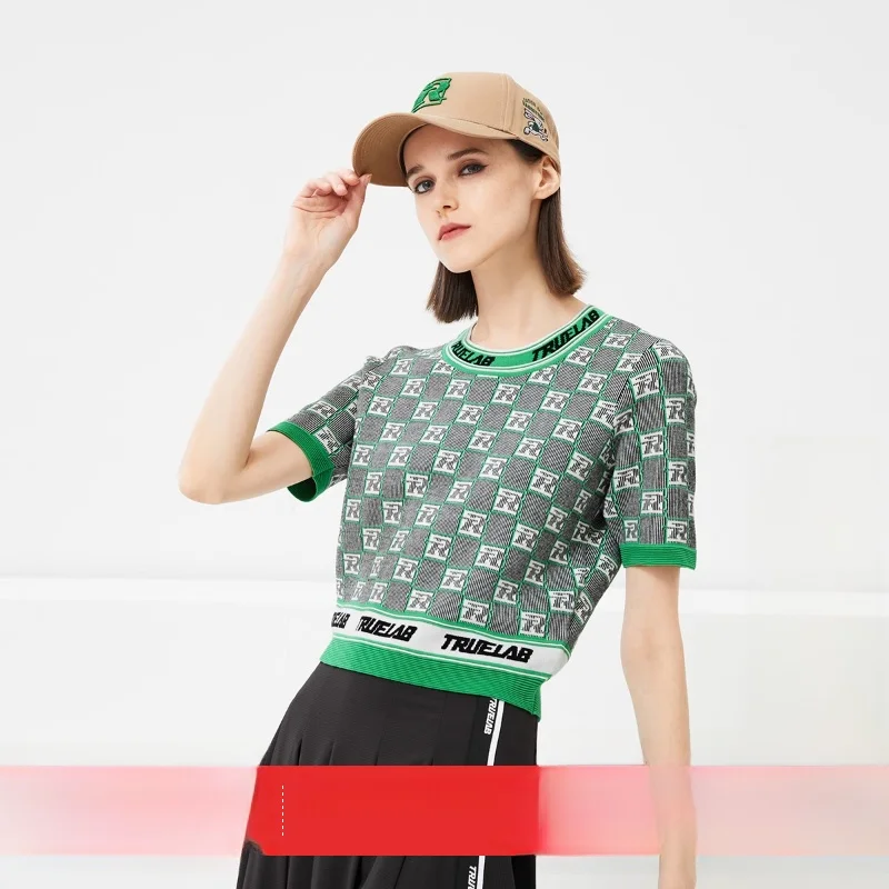 

Casual ort Knitted Sweater Women's Faion round Ne Splicing Plaid Letter Print Autumn Winter Cotton Blend Only Brand