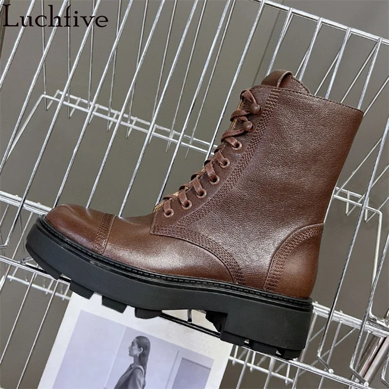 Genuine Leather Motorcycle Boots Woman Round Toe Thick Bottom Lace-Up Chelsea Boots Fashion Famous Brand Punk Ankle Boots Women