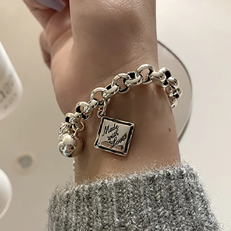 FOXANRY English Letter Tag Punk Brcacelet for Women Couples INS Fashion Vintage Handmade Ball Pendant Party Jewelry Gifts