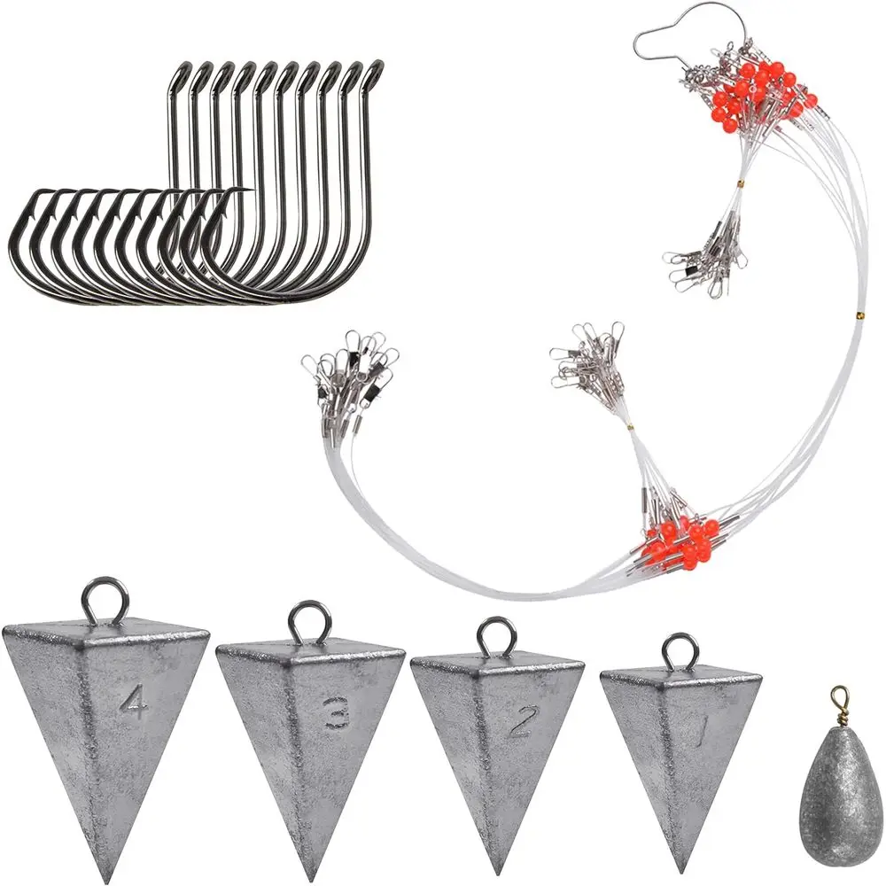 

Комплект снастей для прибрежной рыбалки: оснастки для морской воды с пирамидными грузилами, круглыми крючками и аксессуарами для литья окуня.