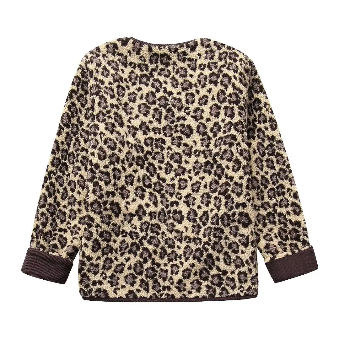 TRAF-Chaqueta de felpa de leopardo para mujer, abrigo de gran tamaño con botones, de manga larga, ropa de calle, 2023