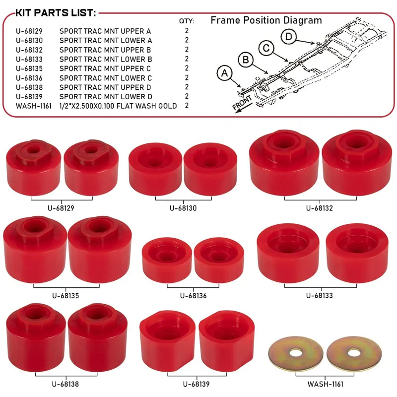 6-116 Body Mount Bushings Kit Fit For Ford Explorer Sport Trac 2001-2005 2WD/4WD Red Polyurethane Bushings 18Pcs