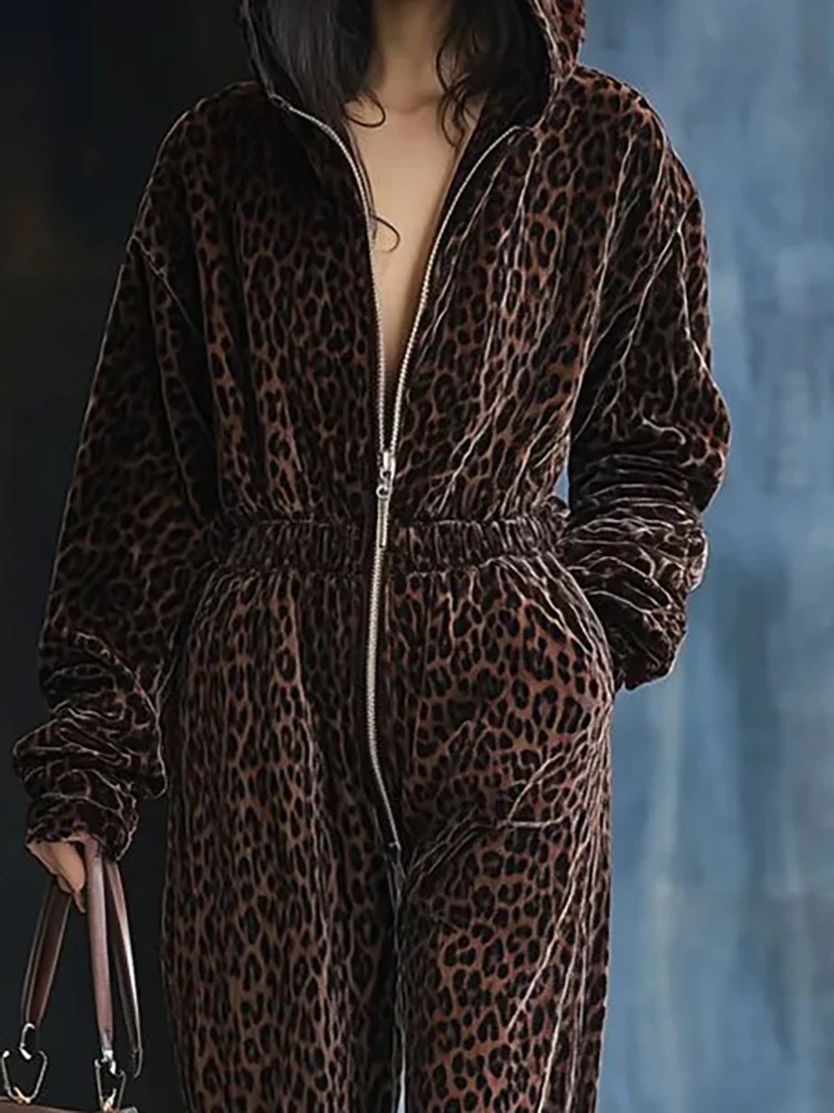 

Новый осенне-зимний комбинезон с леопардовым принтом, винтажный комбинезон с высокой талией и карманами, повседневные комбинезоны с длинными рукавами на молнии и капюшоном