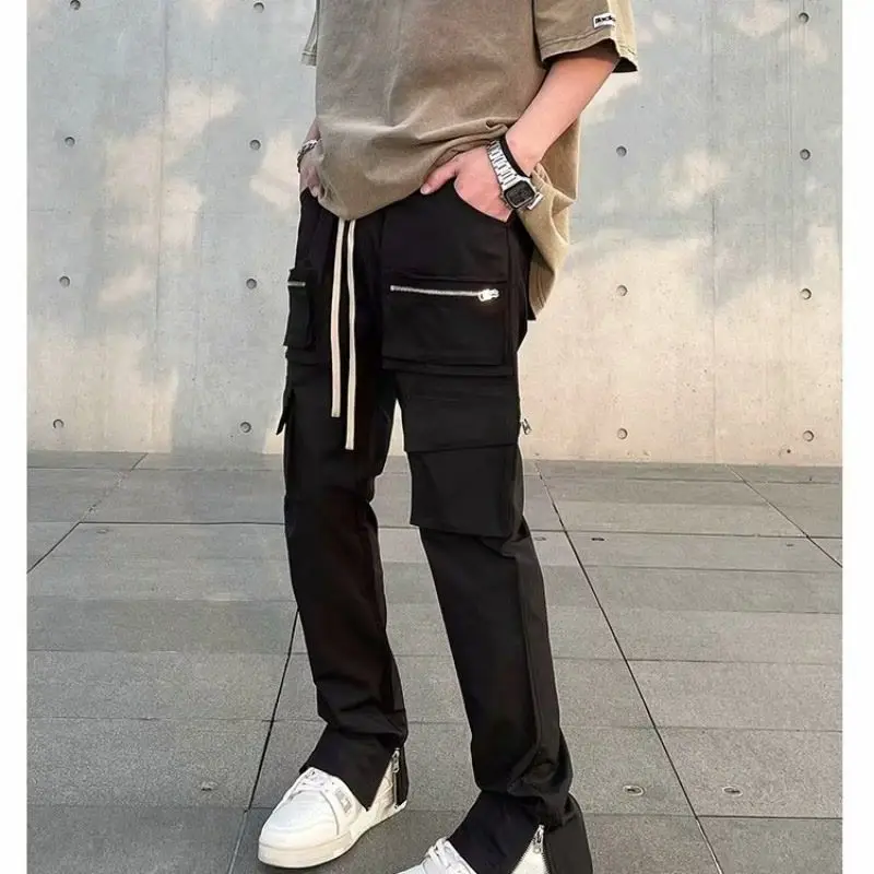 Men's street casual pans, men's zippered split spring and autumn men's straight fitting black European and American zippered wor
