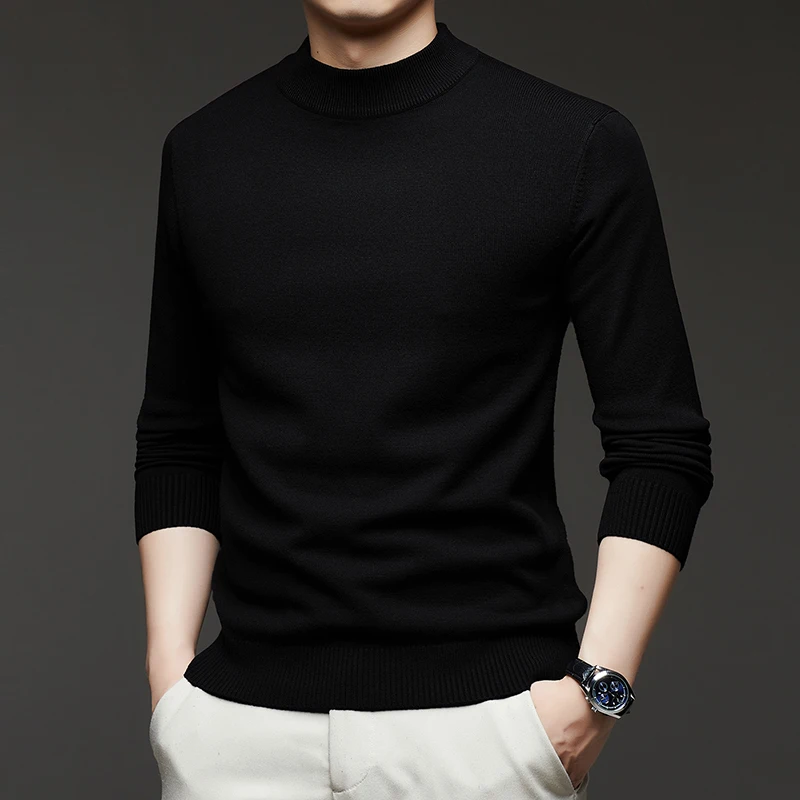 

Black semi high neck sweater for men in autumn and winter thick and warm inner layerbottom layer sweaterloose and casual sweater