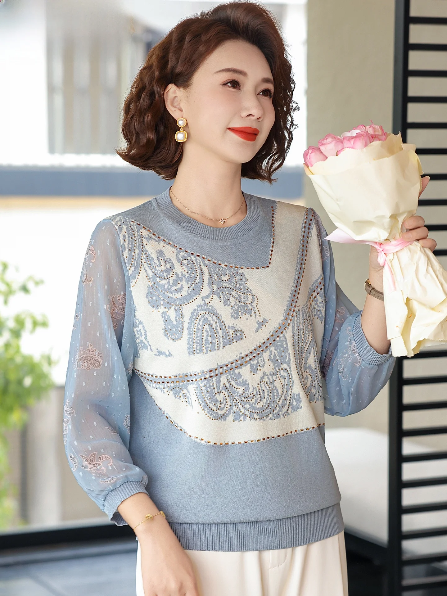 

Spring Knitted Sweater Ele Lace Sve Base Top for Middle-Aged And ly Women Faionable Breathable Lightweight