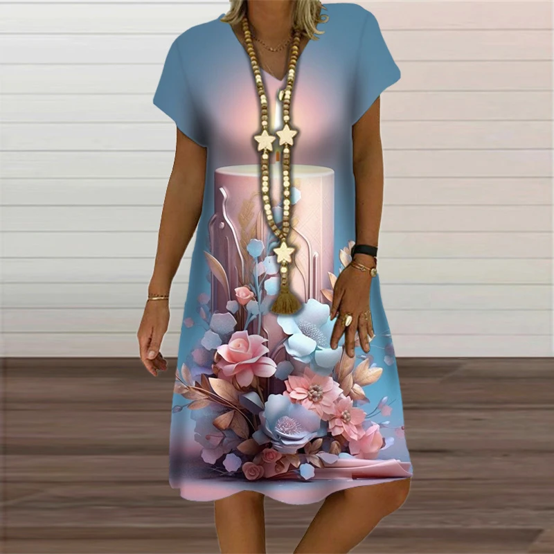Summer Women\'s Dress For Vintage 3D Flower Print A-Line Dress Short Sleeve V-Neck Oversized Women Clothing New Sundress Vestidos