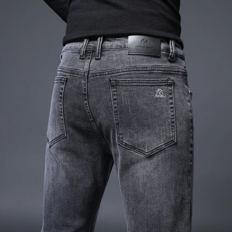 Jeans masculinos de algodão reto justo, calças jeans elásticas na moda coreana, roupas clássicas de marca, preto e cinza, 4 estações, novo, 2024