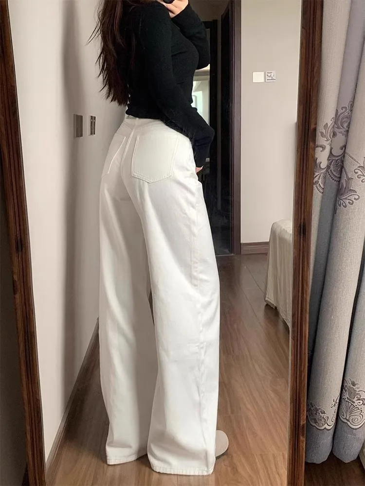 

White High Waist Wide Leg Jeans Women's Casual Straight Loose Slimming Drapey Long Pants Vintage Sle All Seasons