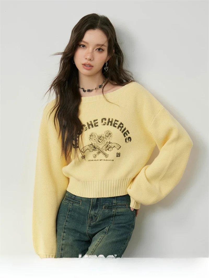 

Вязаный свитер Kroche с винтажным принтом роз, свободного кроя, с круглым вырезом, длинными рукавами, женский, прямой крой, в стиле Sweet Sle