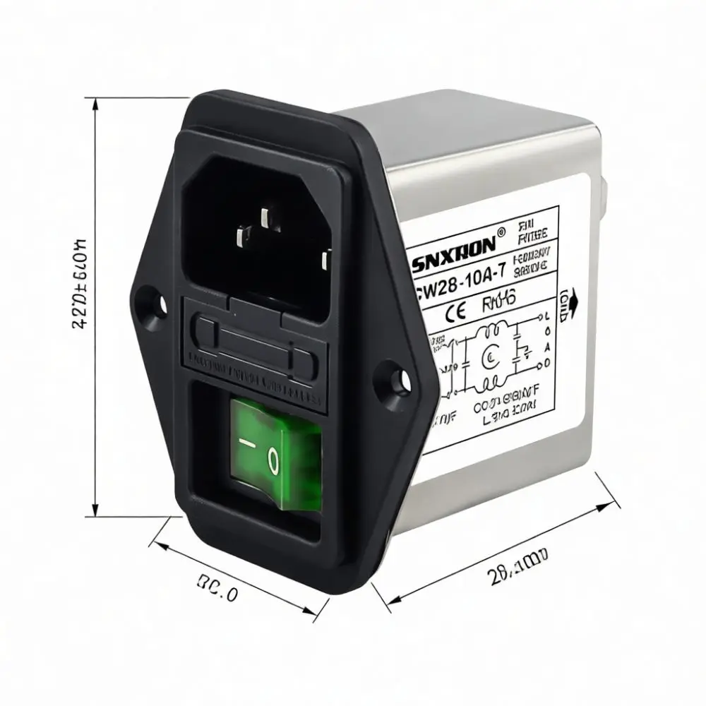 SNXRON Power Entry Filter Module IEC Plug 220V AC Industrial Equipment Accessory With Fuse Holder And Illuminated Switch