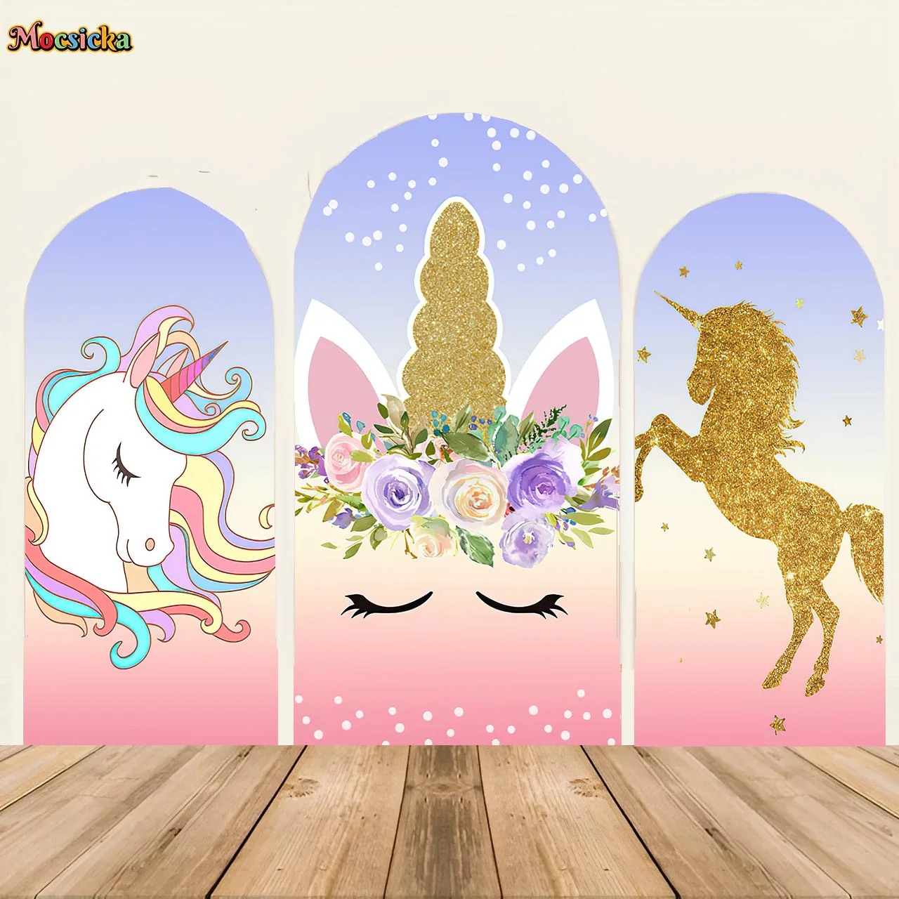 

Mocsicka Double-Sided Arched Backdrop Cover Unicorn Flowers Blue and Pink Gradient Background Kids Girls Birthday Party Decor