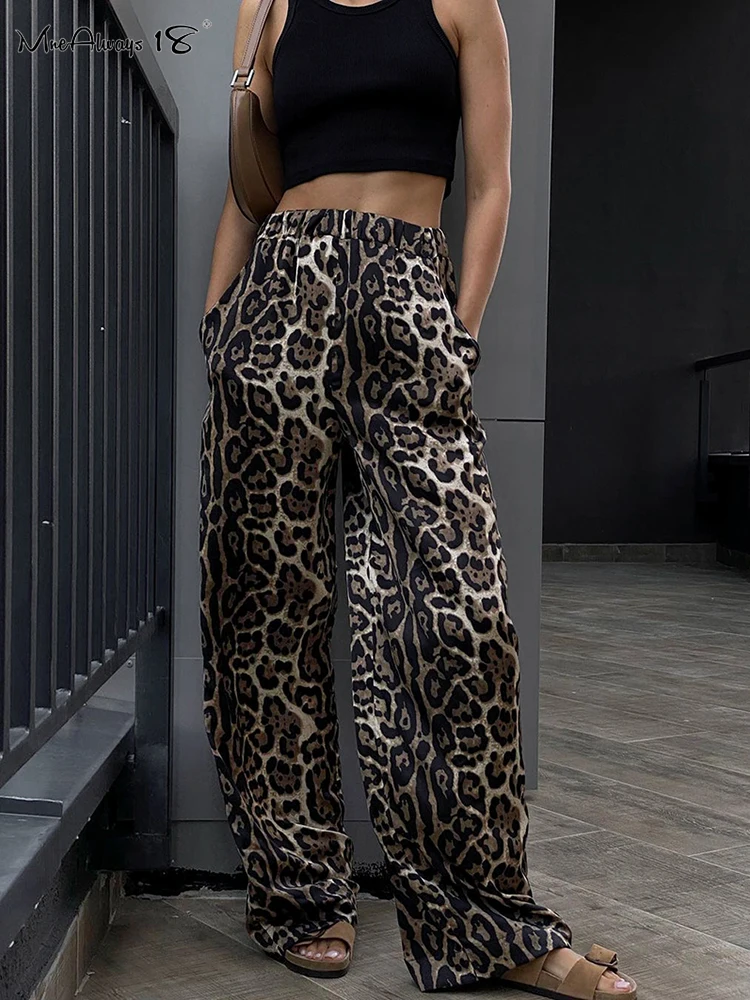 Mnealways18 Leopard Printing Wide Legs Pants Women Casual High Elastic Waist Pants Street Style Female Pockets Long Pants 2024