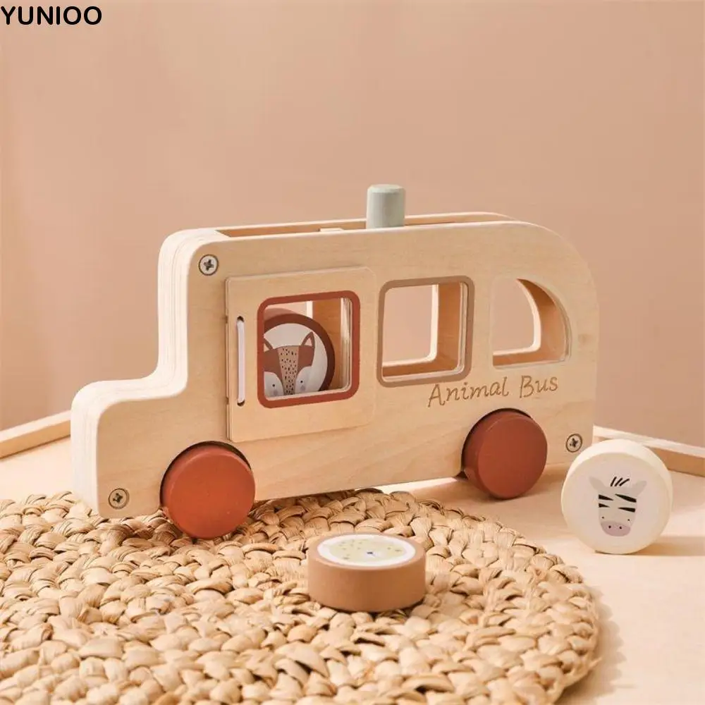 

Wooden Material Wooden Bus Toy Animal Figures Cylinder Blocks Hand-pushed Car Hand-eye Coordination Fine Motor Skills