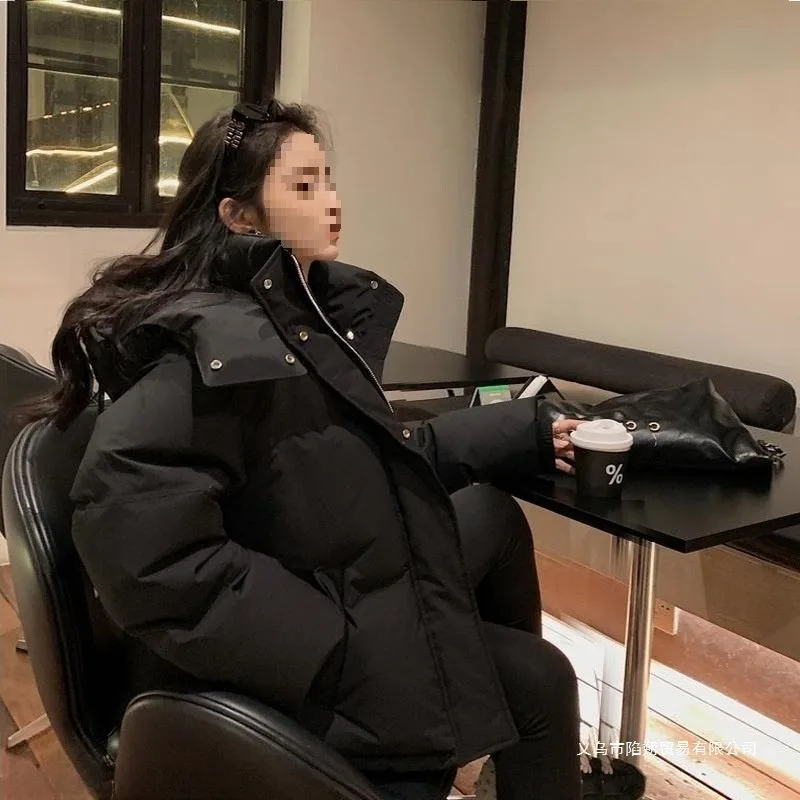 Black down cotton jacket women's winter new thick short cotton jacket loose bread jacket