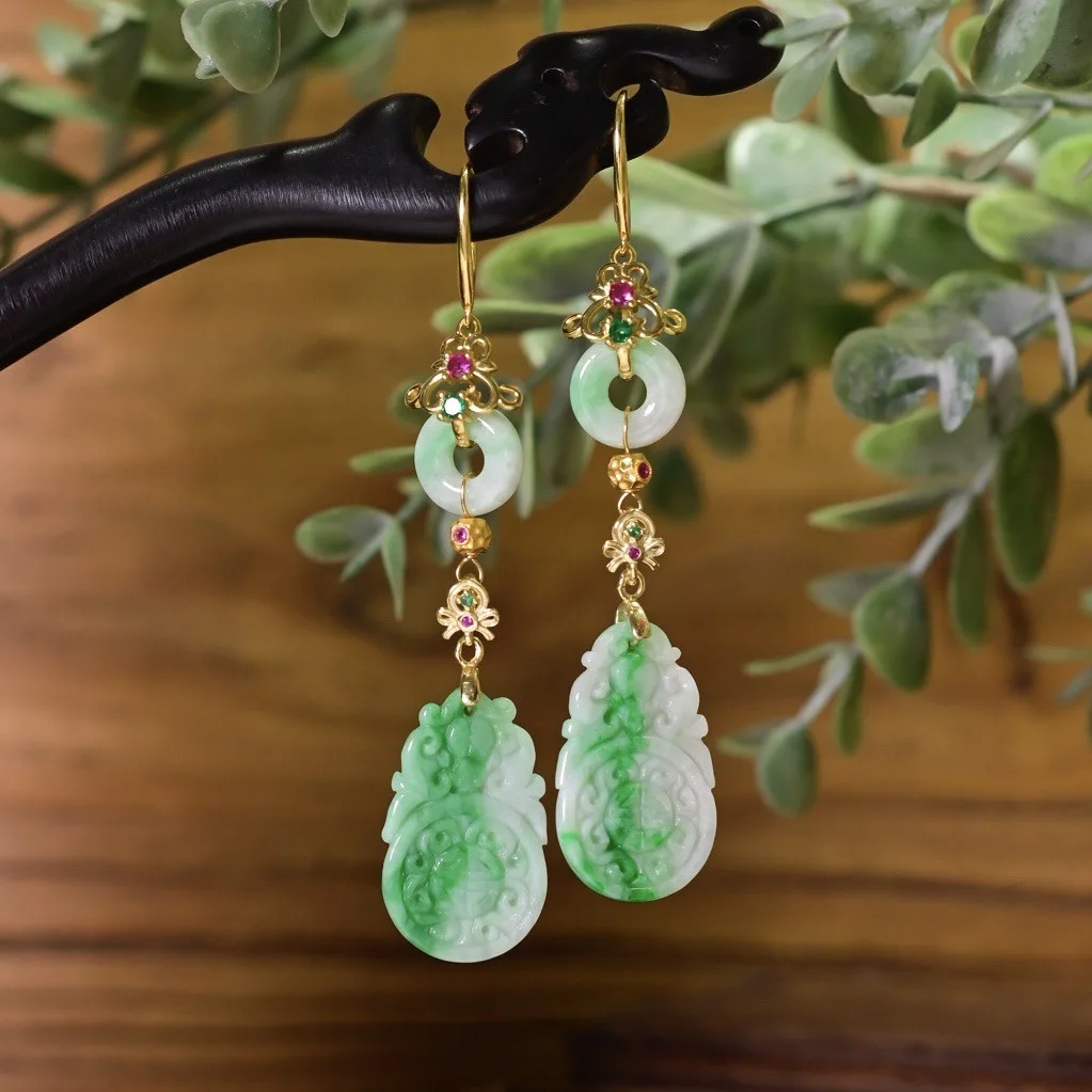 

Плавающие зеленые резные нефритовые серьги в китайском стиле класса А, позолоченные длинные капли в виде пончика, роскошные ювелирные изделия из драгоценных камней, подарок