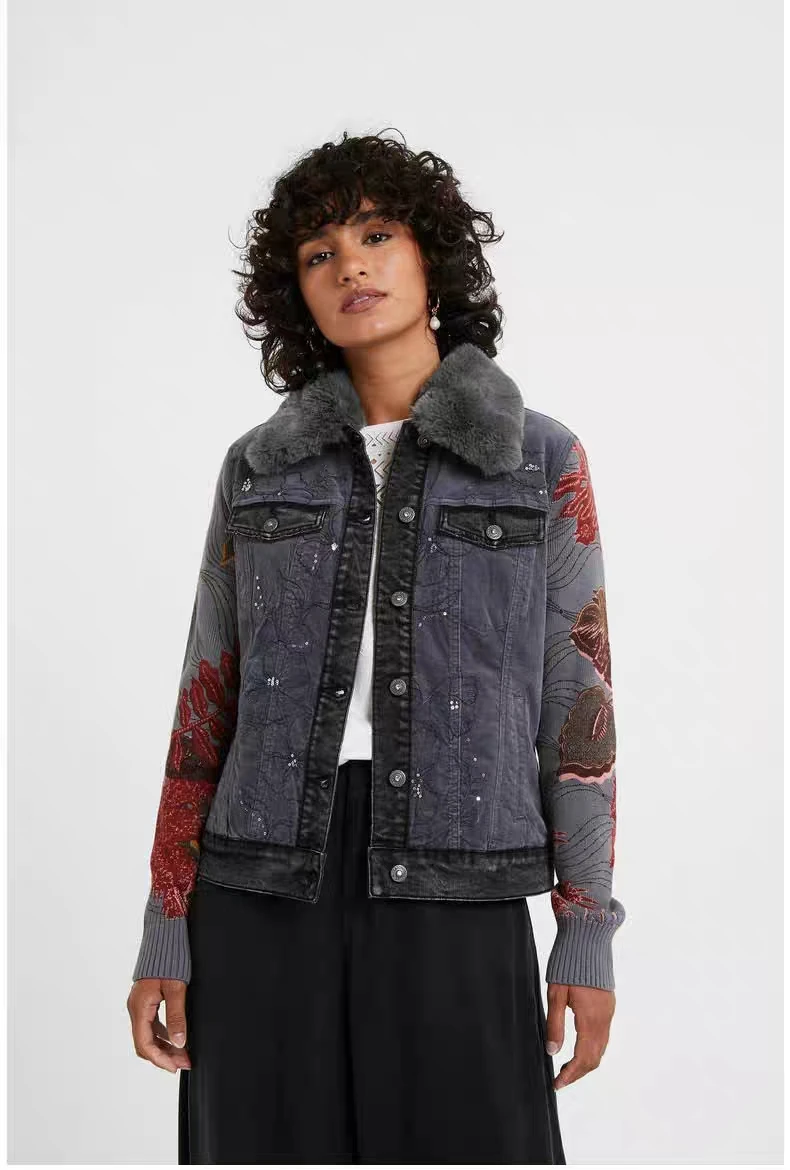 

Women's Knitted Sve Patchwork Denim Embroidered Jaet Autumn Winter Sle Original Design Slim Fit Cotton Jeans Fabric