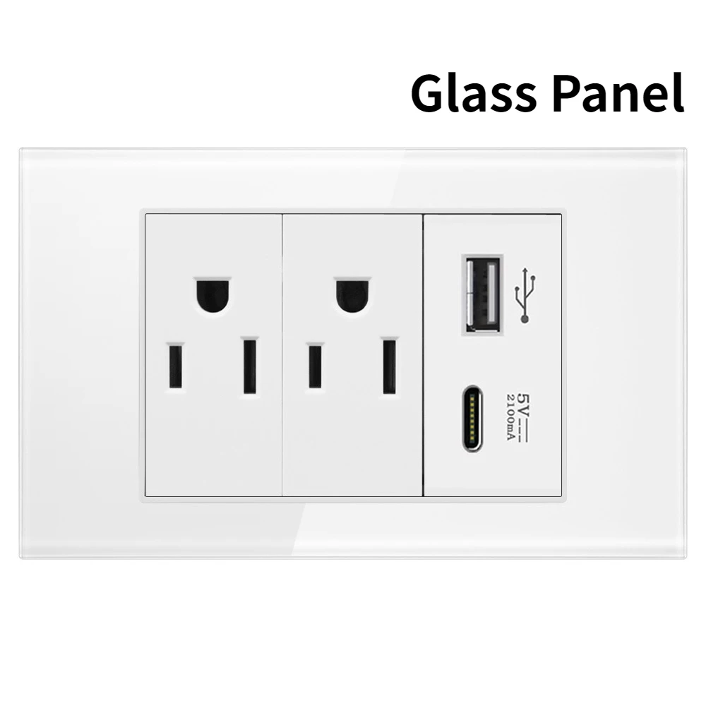 US Power Wall USB Socket Type C Light Switch Double Pole Plastic&Glass Panel Outlet Plate Home Office Electrical Plug Appliances