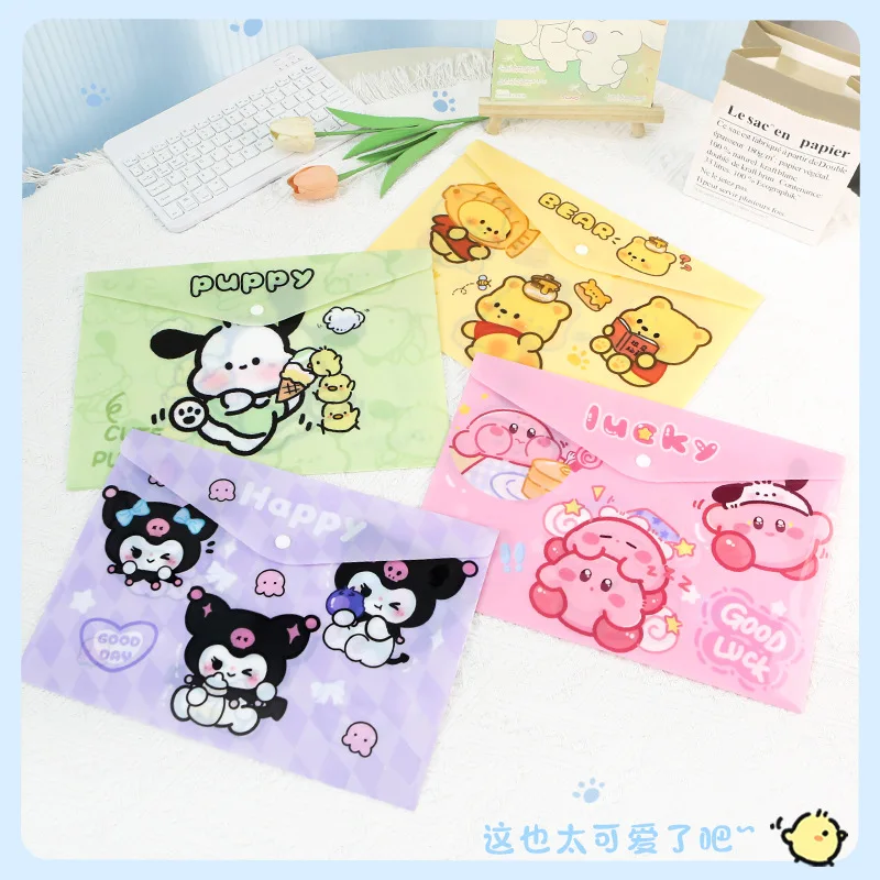 Bolsa de archivo Sanrio 2025 Kawaii Hellokitty Mymelody Kuromi estudiante dibujos animados transparente A4 botón Material bolsa de almacenamiento de papelería