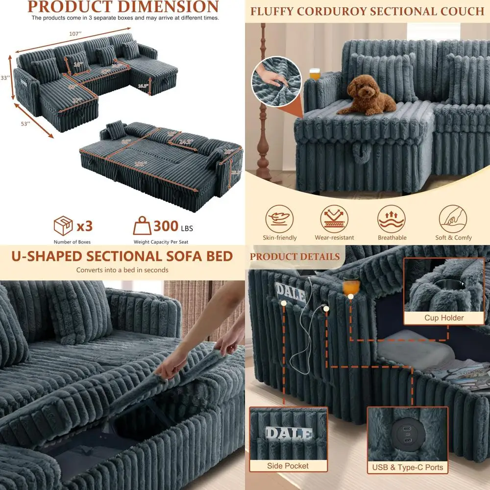 

Серый вельветовый секционный диван с выдвижной кроватью, шезлонгом для хранения, регулируемой спинкой, USB-портами, подстаканниками и боковыми карманами для