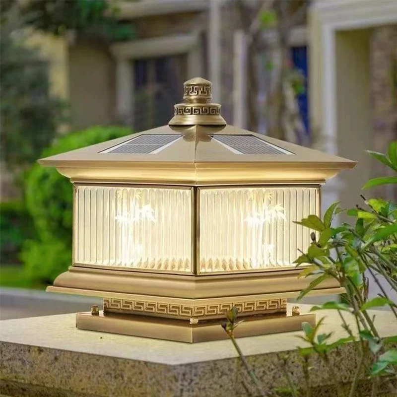 

TEMAR Outdoor Solar Post Lamp Vintage Creative Chinese Brass Pillar Light LED Waterproof IP65 for Home Villa Courtyard