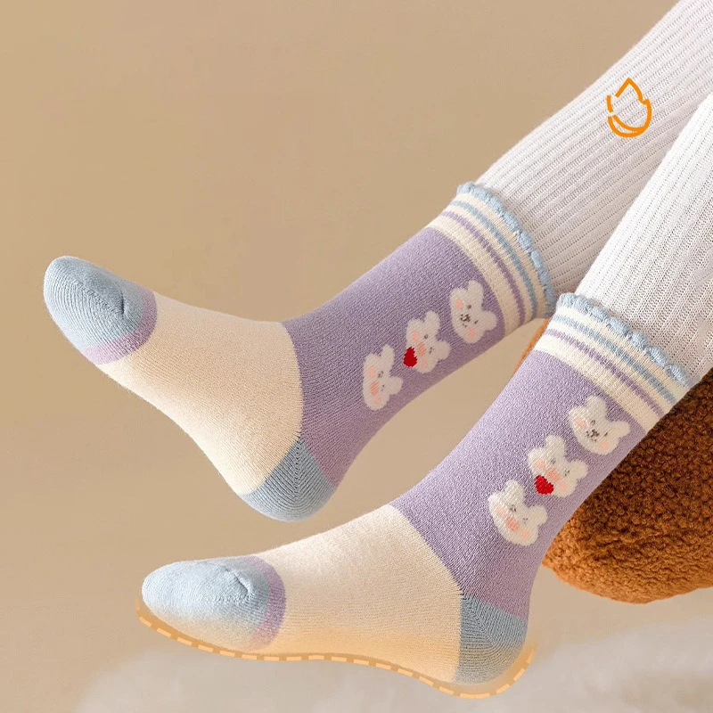 5 Pairs Girls' Thick Socks,Cute Cartoon Bunny Children's Socks, Winter Warmth,  Purple Mid Tube Socks, Autumn/Winter image 4