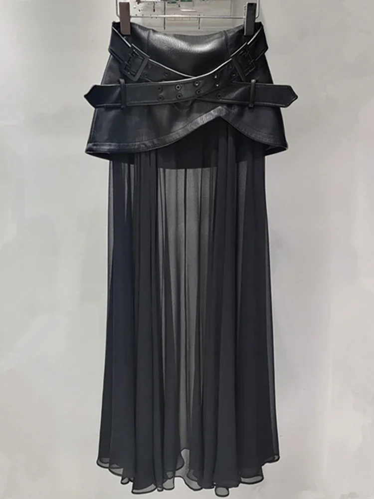 

Женская юбка, однотонная лоскутная искусственная кожа, черный сетчатый ремень, длинная юбка трапециевидной формы с высокой талией, новая летняя мода