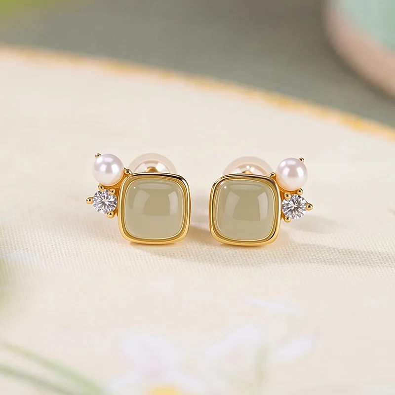 S925 Gold-Edged Square Hetian And Jade Sugar Cube Pearl Earrings, Gentle Silver Jewelry