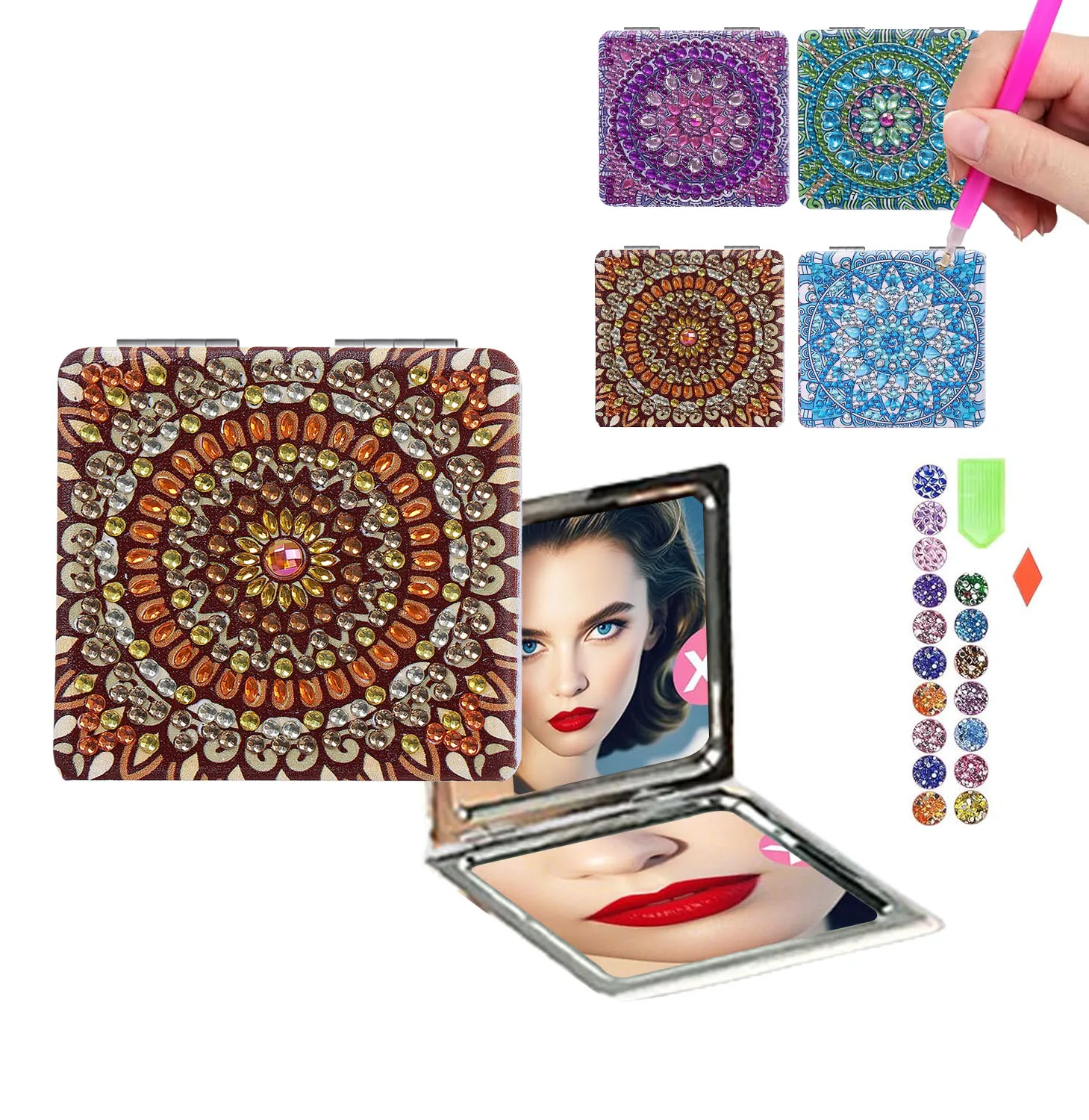 1 DIY Mandala-Muster Diamant-Malerei Spiegel, PU-Leder Diamant-Malerei Kunstspiegel-Set, Bequem zu Transportieren