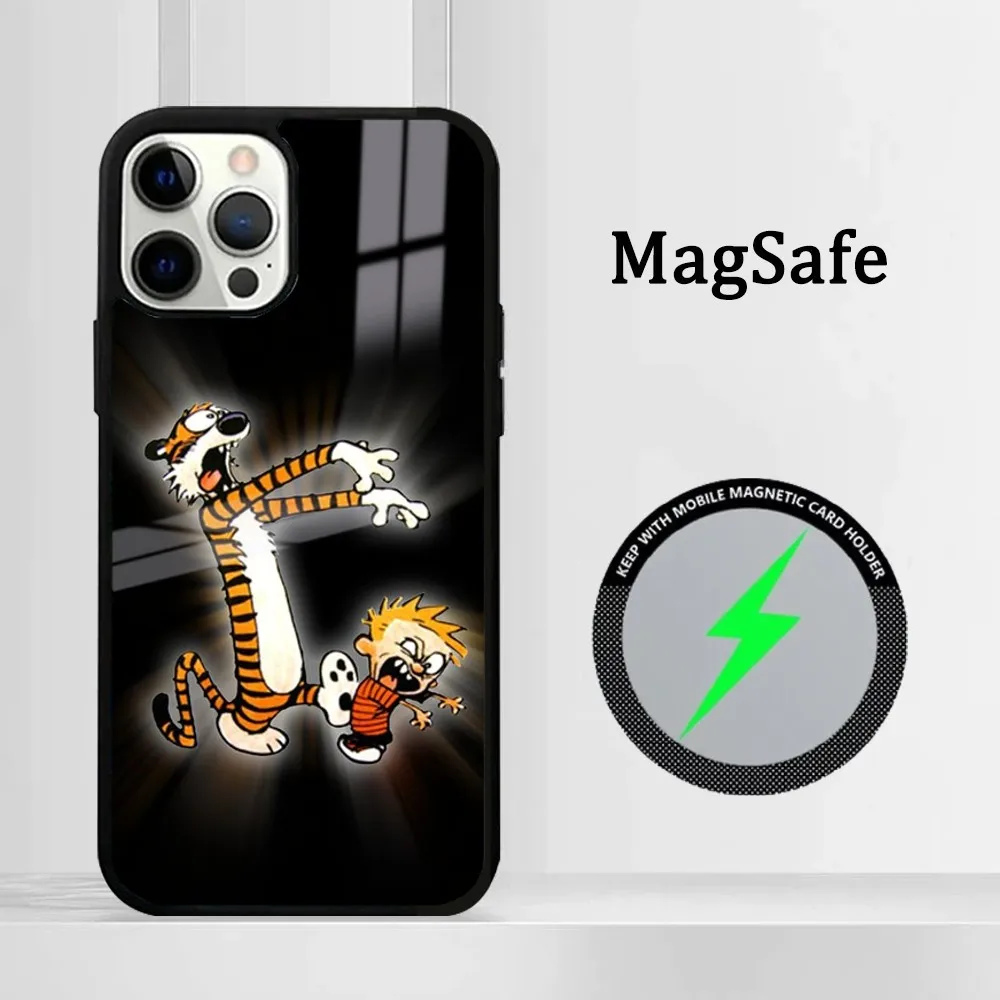 Cartoon C-Calvin And H-Hobbes Phone Case For iPhone 16 15 14 13 12 11 Pro Max Plus Mini Magsafe Mirror Wireless Magnetic Cover