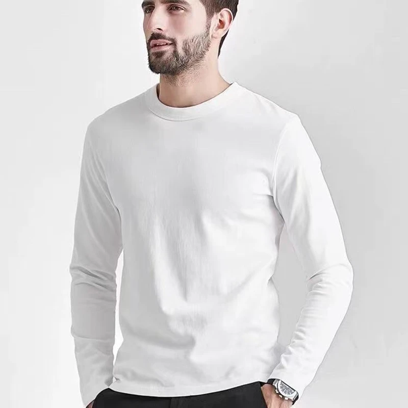 Summer Mercerized Cotton Men's T-shirt Solid Color Round Neck Shirt Casual Cotton Long Sleeve T-shirt