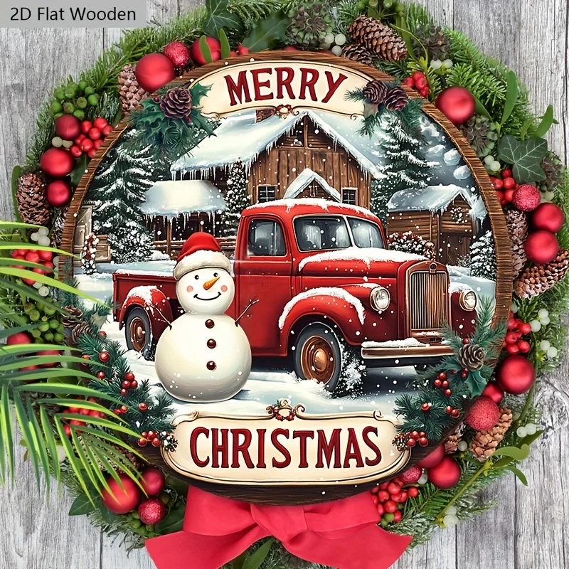 2D Flat, Rustic Red Pickup Truck Snowman Christmas Wooden Sign - Merry Christmas Wall Hanging Decor with Pine Cones & Holly Berr