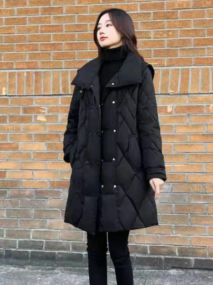 

Корейское модное винтажное женское черное праздничное пуховое хлопковое пальто с длинными рукавами, зимнее однобортное универсальное толстое пальто, повседневная