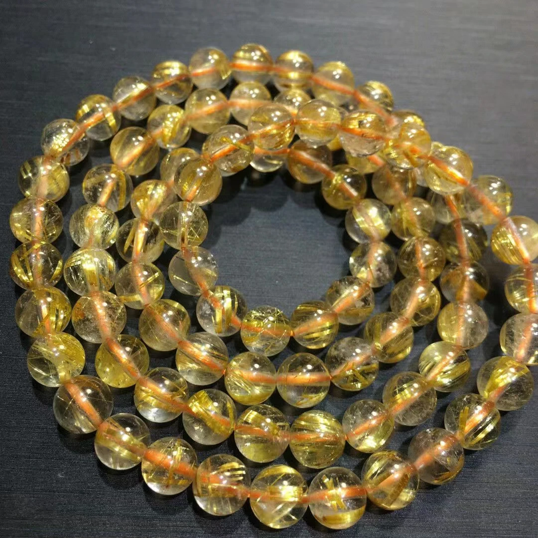 Natural Gold Rutilated Quartz Titanium 3 Laps beads Bracelet 6.5mm Wealthy Woman Men Clear Round Beads Jewelry Brazil AAAAAAA