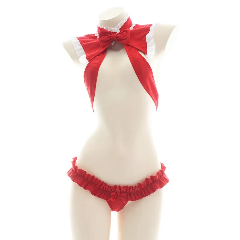 Sexy Red Santa Costume Christmas Lingerie Cute Hollow Out Bikini Bowknot Underwear Pajamas Christmas Lingerie Cosplay Bra Set