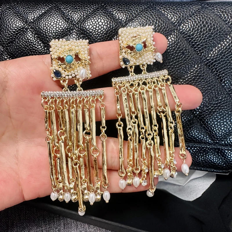 Exaggerated Personality Luxury Eyes Saquare Pearl Tassel Pendant Earrings