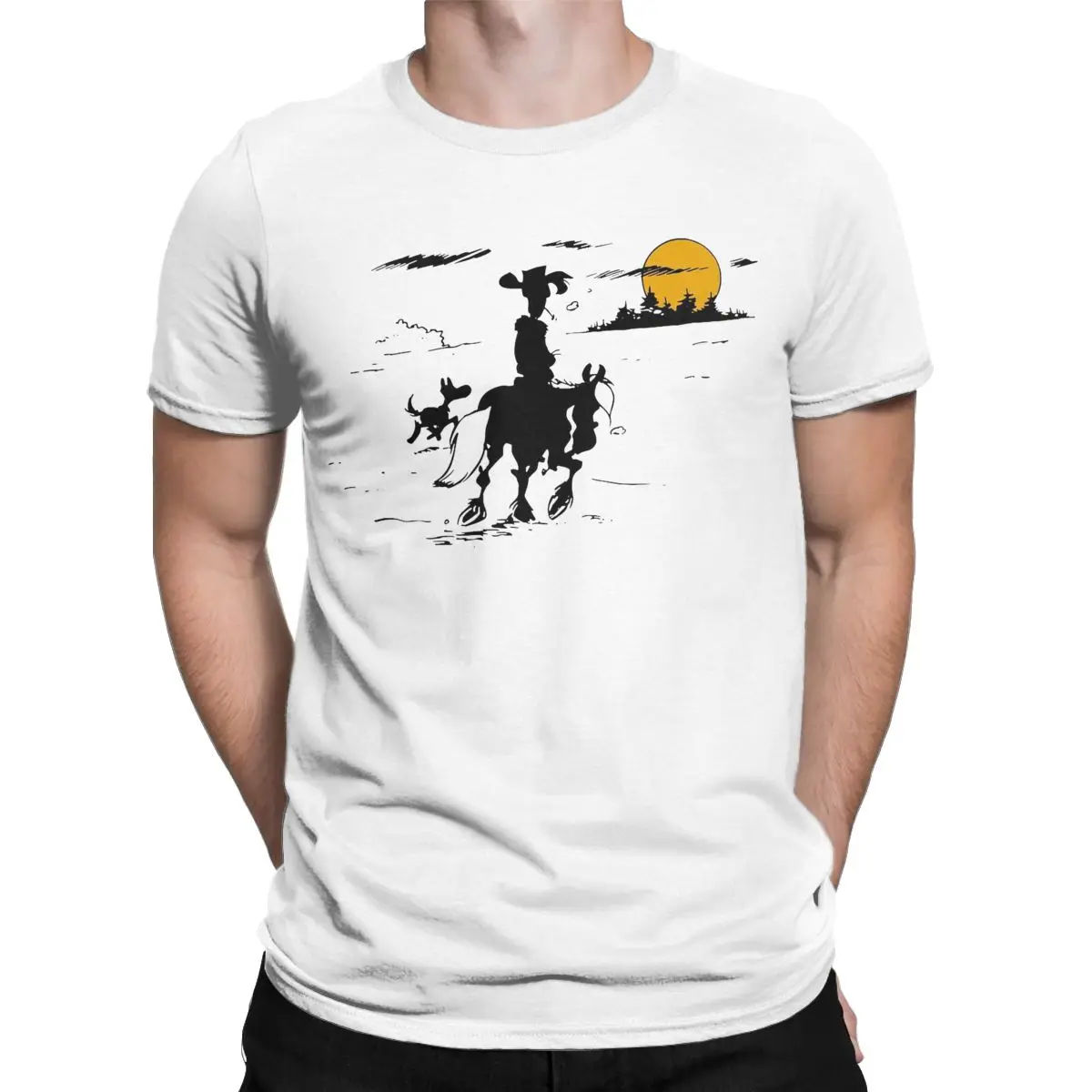 Men's T-Shirts Lucky Luke Jolly Jumper And Rantanplan 100% Cotton Tee Shirt Short Sleeve T Shirts Crewneck Clothing 4XL 5XL