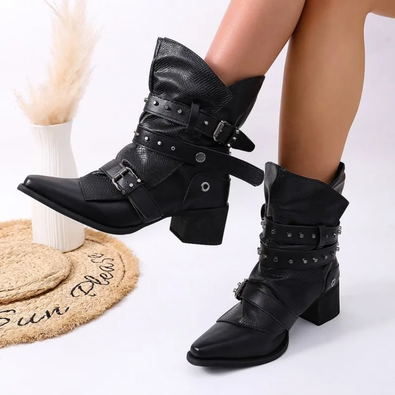 

New Comfortable Sexy Pointed Square Heel Women's Boots Mid Calf Seasonal Selling Elegant Thick Soled Fashion Shoes Fashionable