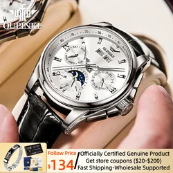 OUPINKE Original Automatic Mechanical Watch for Men Leather Waterproof Luxury Brand Moon Phase Men's Wristwatches Reloj Hombre