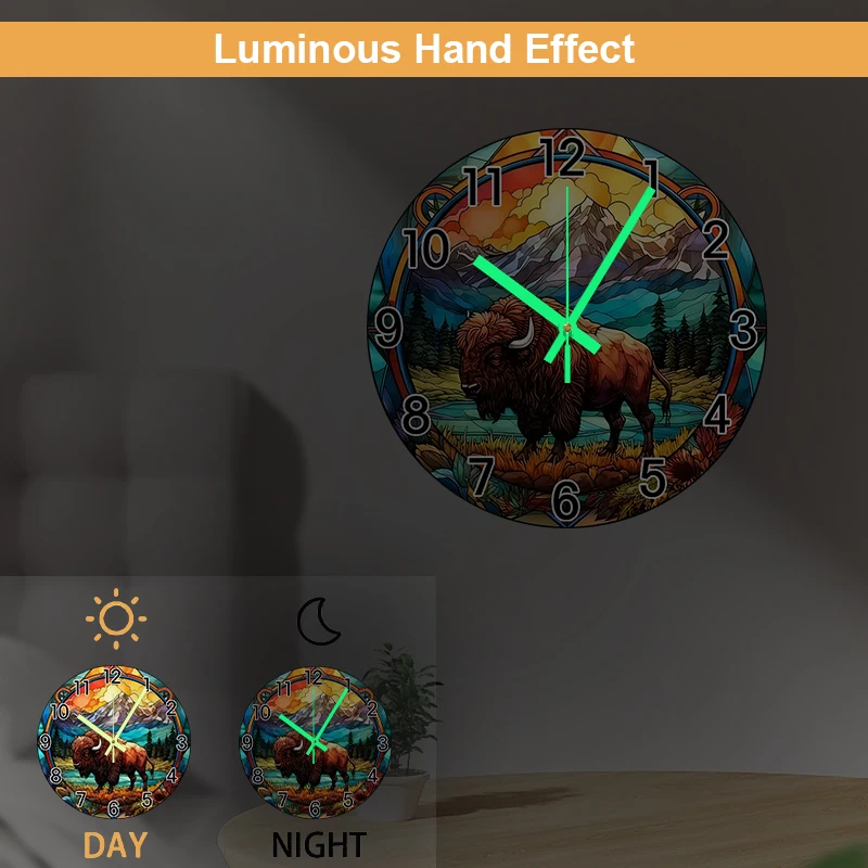 قطعة واحدة من ساعة الحائط الأكريليك المتوهجة في الظلام، نمط صائد الشمس بنفسك، موضوع جبل الجاموس - 10 بوصات، مثالية للمنزل الحديث #4