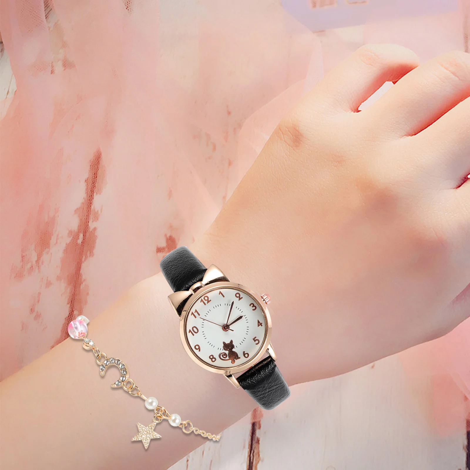 

1Set Cute Cat Watch Set for Women with Star Moon Bracelet Quartz Wristwatch Elegant Jewelry Gift for Her Birthday Christmas