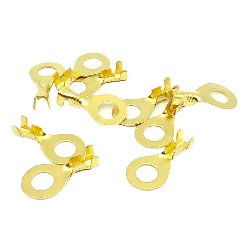 100PCS Ring Crimp Terminal Lugs Electrical Wire Cable Connectors Gold Brass M3 M4 M5 M6 M8 M10 O-Shoe Type Plug for Splice Screw