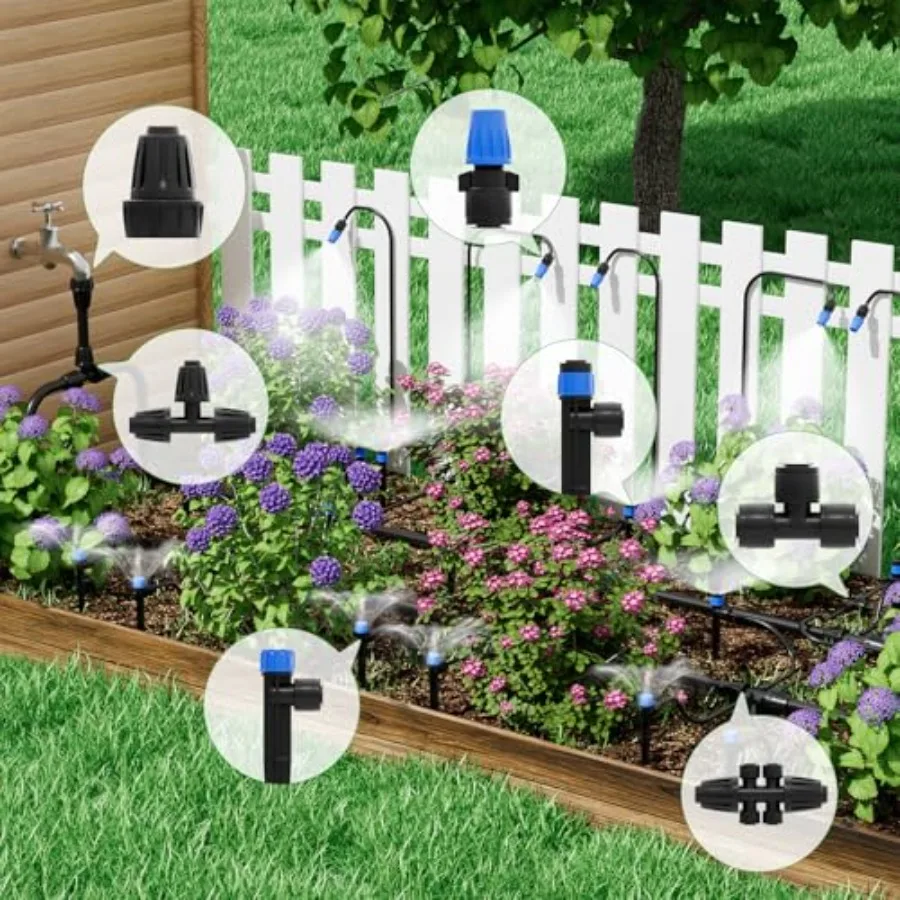 Garden greenhouse drip irrigation system kit: 256FT quick-connect, 1/4 1/2 fast-lock tubing, adjustable emitters sprinklers, up