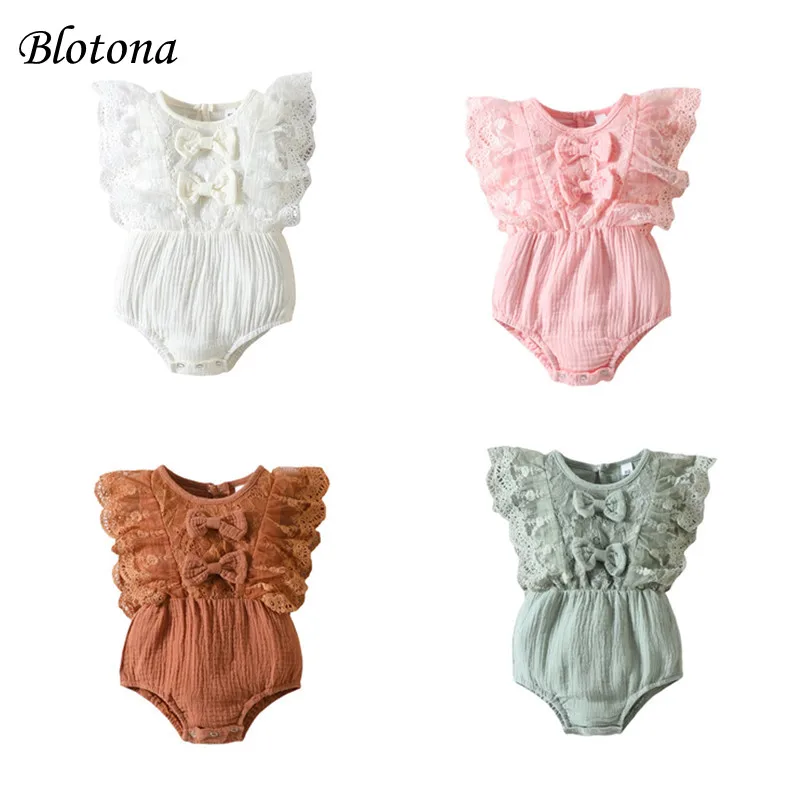 

Blotona Baby Girls Summer Casual Romper Lace Fly Sleevele O-Neck Playsuit with Bow Decoration 0-24Months