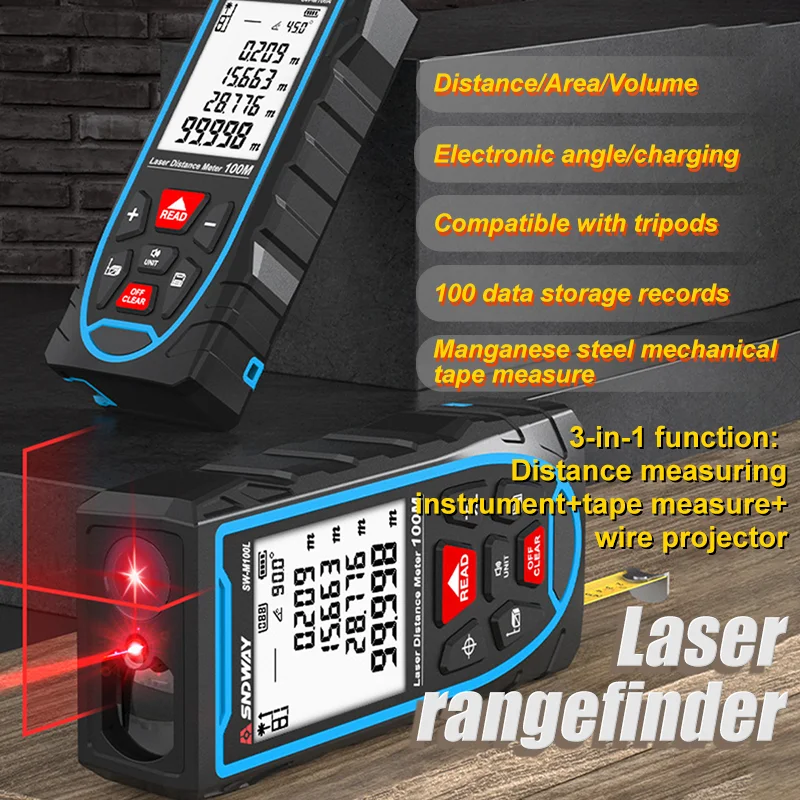 

3-in-1 Laser Rangefinder 2m Tape Measure Ruler Digital Distance Finder Rechargeable Laser Meter Building Measurement Area Volume