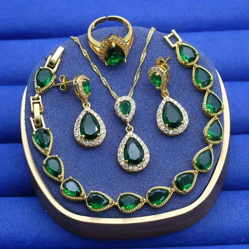 Vintage Jewelry Set for Women Green Water Drop Zirconia18K Gold Plated Includes Bracelet, Earrings, Pendant Adjustable Ring