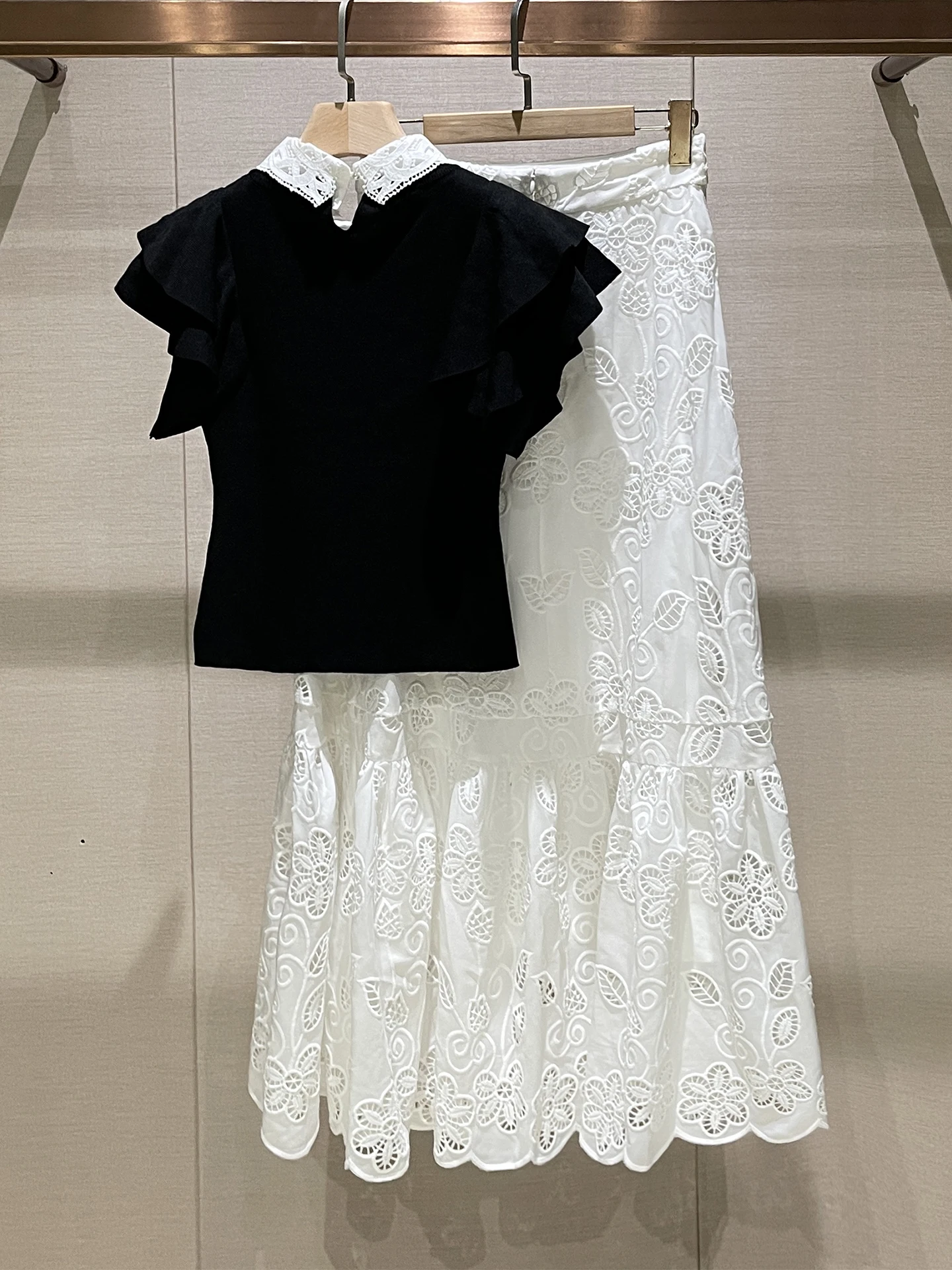 Ele geborduurde casual tweedelige set zomer turn-down kraag gebreide top f-rok polyestervezel ort Sve button S...