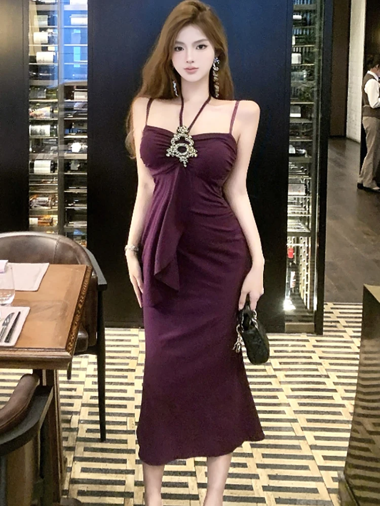 2025 novo roxo elegante babados diamantes estilingue vestido sexy feminino vestido de festa de dança de luxo verão coreano bodycon festival vestidos